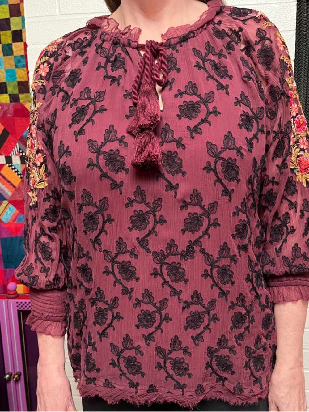 Womens Burgundy Embroidered Peasant Blouse with Tassel Tie